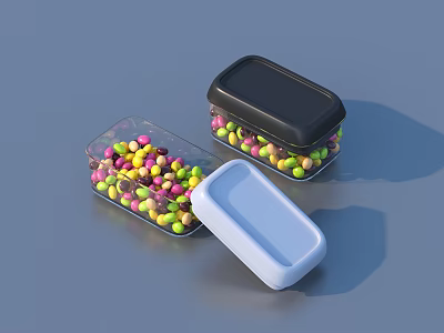 Colorful Candies Stored in Transparent Containers with Black and White Lids 3d model