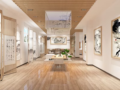 New Chinese Style Exhibition Hall With Calligraphy Paintings Wooden Flooring And Screen 3d model