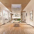 New Chinese Style Exhibition Hall With Calligraphy Paintings Wooden Flooring And Screen