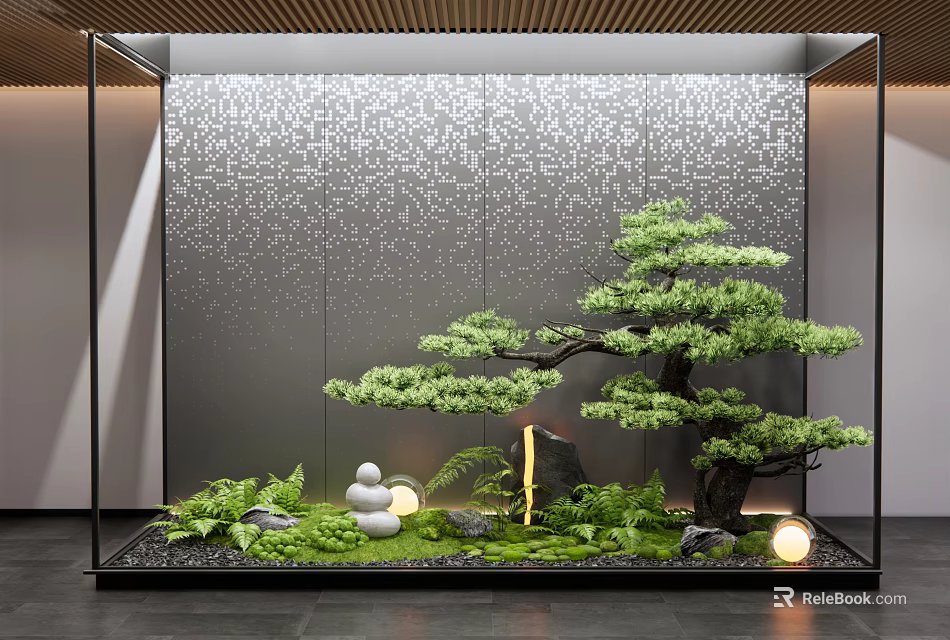 Indoor Landscape With Glass Frame Bonsai Pine Tree Moss Stacked Stones Small Lights Textured Wall 3d model 