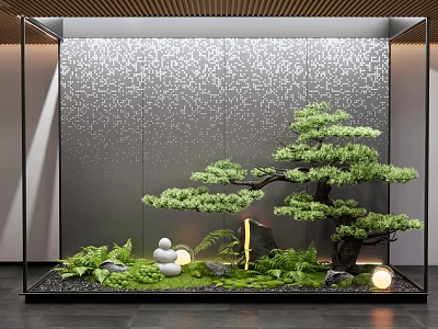Indoor Landscape With Glass Frame Bonsai Pine Tree Moss Stacked Stones Small Lights Textured Wall 3d model