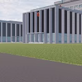 Modern Multi Story Office Building With Glass Curtain Wall Red Emblems And Front Plaza