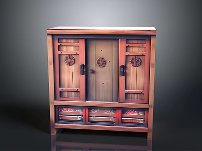 Traditional Chinese Wooden Cabinet With Carved Circular Patterns Drawers And Doors 3d model