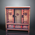 Traditional Chinese Wooden Cabinet With Carved Circular Patterns Drawers And Doors
