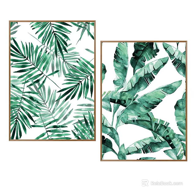 Watercolor Botanical Paintings With Palm And Banana Leaves In Gold Frames 3d model 