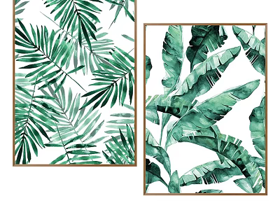 Watercolor Botanical Paintings With Palm And Banana Leaves In Gold Frames 3d model