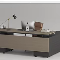 Modern Office Desk With Ergonomic Chair Wooden Top Monitor And Storage Drawers