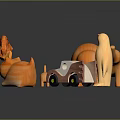 Orange Carved Animal and Vehicle Sculptures Dinosaur Penguin Car on Black Background with Reflections