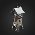 Vintage Stone Clock Tower With Snow Covered Spire And Wooden Door