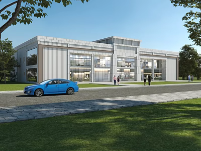 Modern Office Building with Glass Facade Green Lawn Trees Blue Car and People Walking 3d model