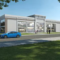 Modern Office Building with Glass Facade Green Lawn Trees Blue Car and People Walking