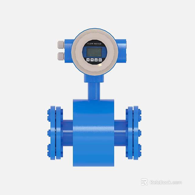 Blue Digital Flow Meter With Round Display And Flange Connections 3d model 