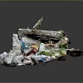 Garbage Pile With Wooden Planks Plastic Bags And Colored Waste Stacked On Dark Background
