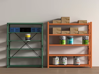 Green And Orange Storage Shelves With Blue Boxes Paint Cans And Cardboard Boxes 3d model