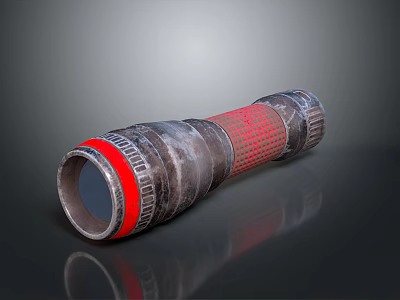 Shiny Metallic Cylindrical Object With Red Ring And Textured Reflective Surface 3d model