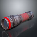 Shiny Metallic Cylindrical Object With Red Ring And Textured Reflective Surface