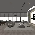 Modern Living Dining Room Interior With Sofa Coffee Table Dining Chairs Windows Blinds And TV