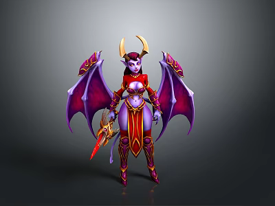 Fantasy Character With Purple Skin Golden Horns Bat Wings Red Gold Armor And Weapon 3d model