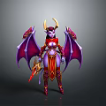Fantasy Character With Purple Skin Golden Horns Bat Wings Red Gold Armor And Weapon