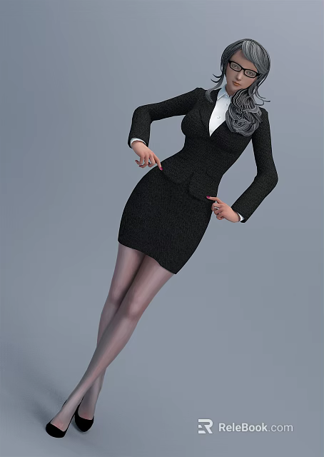 Elegant Woman In Black Suit Dress With Gray Long Hair And Stockings Posing Gracefully 3d model 