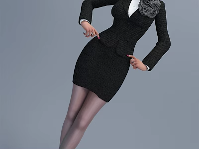 Elegant Woman In Black Suit Dress With Gray Long Hair And Stockings Posing Gracefully 3d model