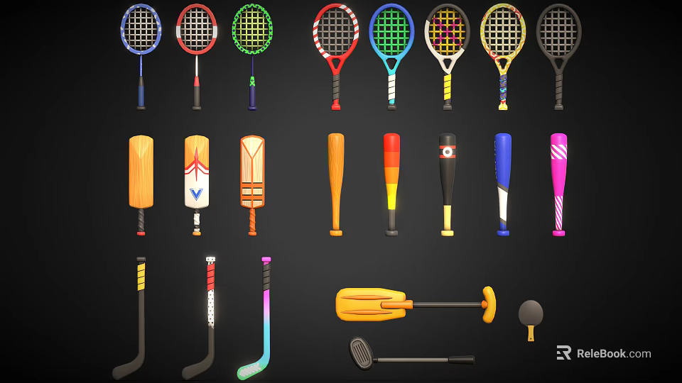 Colorful Sports Equipment Collection Including Tennis Rackets Cricket Bats Hockey Sticks And Golf Gear 3d model 
