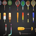 Colorful Sports Equipment Collection Including Tennis Rackets Cricket Bats Hockey Sticks And Golf Gear
