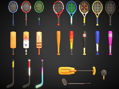 Colorful Sports Equipment Collection Including Tennis Rackets Cricket Bats Hockey Sticks And Golf Gear 3d model