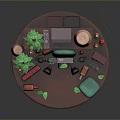 Open Laptop On Red Circular Platform With Green Plants Lamp Camera Radio And Bottles