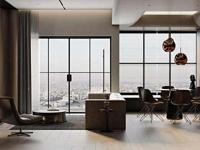 Modern Living and Dining Room Interior With Large Windows City View And Pendant Lights 3d model