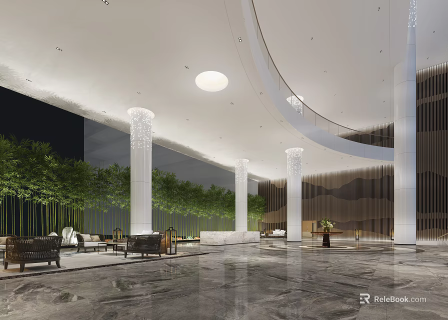 Modern Front Desk Reception In Spacious Lobby With Marble Floor Green Plants And White Columns 3d model 