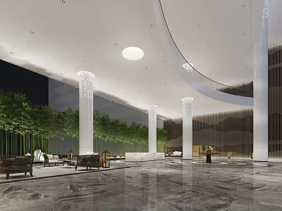 Modern Front Desk Reception In Spacious Lobby With Marble Floor Green Plants And White Columns 3d model