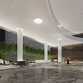 Modern Front Desk Reception In Spacious Lobby With Marble Floor Green Plants And White Columns