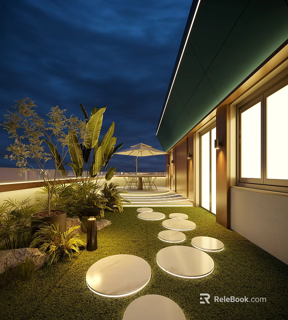 Evening Rooftop Garden With Lush Green Plants Circular Stone Path Umbrella Table And Warm Lighting 3d model 