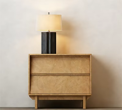 Wooden Nightstand With Two Drawers And Black Table Lamp On Light Colored Wall 3d model