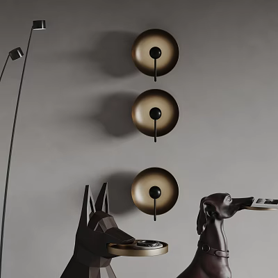 Modern Wall Lamps with Circular Metal Design on Gray Wall in Minimalist Room 3d model