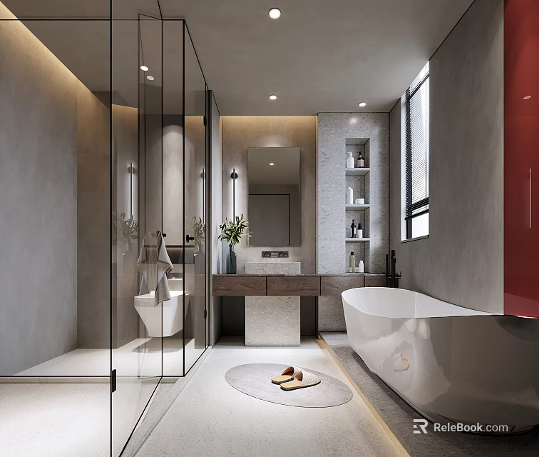 Modern Minimalist Neutral Bathroom With Freestanding Tub Glass Shower And Floating Vanity Interior Design 3d model 