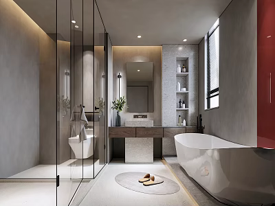 Modern Minimalist Neutral Bathroom With Freestanding Tub Glass Shower And Floating Vanity Interior Design 3d model