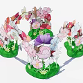 Colorful Paper Floral Installation With Various Colored Flowers On Green Circular Bases