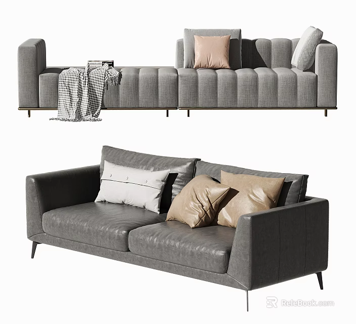 Modern Grey Sectional Sofa Interior With Soft Decorative Pillows And Blanket 3d model 