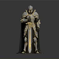Man In Medieval Metallic Armor Standing With Cloak And Sword