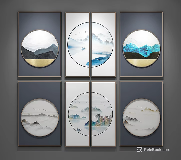 Chinese Style Circular Landscape Paintings With Mountain Water Boat And Golden Frames 3d model