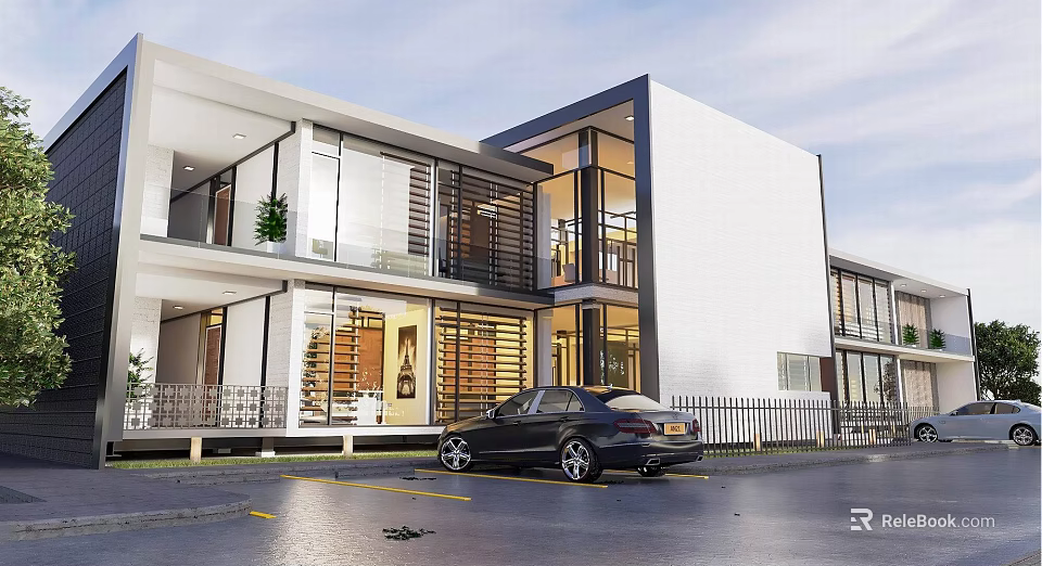Modern Office Building White Exterior Glass Facade Contemporary Architecture And Parking Area 3d model 