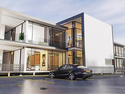 Modern Office Building White Exterior Glass Facade Contemporary Architecture And Parking Area 3d model