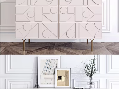 Light Pink Modern TV Stand With Geometric Patterned Panels And Gold Metal Legs 3d model