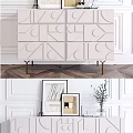 Light Pink Modern TV Stand With Geometric Patterned Panels And Gold Metal Legs