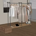 Modern Metal Clothes Rack with Hanging Clothes Shoes and Wicker Basket on Wooden Shelf