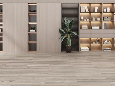 Modern Wooden Bookcase With Open Shelves Lighting Decorative Items And Green Plant 3d model