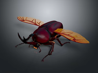 Realistic Beetle With Large Horns Yellow Veined Wings And Crimson Body 3d model