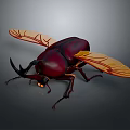 Realistic Beetle With Large Horns Yellow Veined Wings And Crimson Body